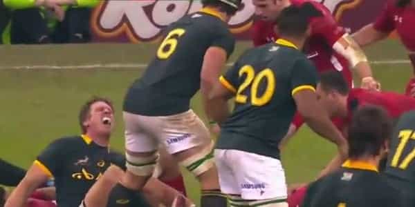 Warning: Jean de Villiers suffered a shocking knee injury against Wales
