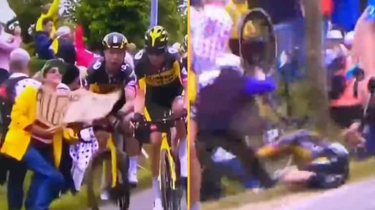 Fan brings down half of Tour De France racers with cardboard sign
