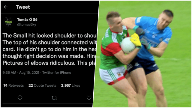 “The top of his shoulder connected with head” – Tomás Ó Sé reviews the John Small tackle on Twitter