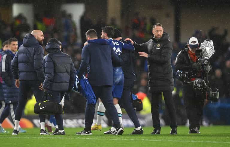 Worrying sight for England as Chilwell leaves Stamford Bridge on crutches ahead of World Cup