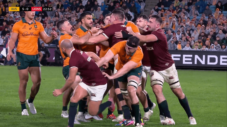 10-man brawl erupts in Lions’ final test match with Australia. 
