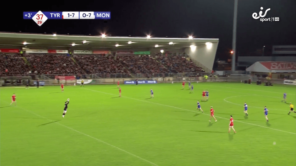 Monaghan get black card, throw every man behind ball, Tyrone refuse to attack them for 3 minutes