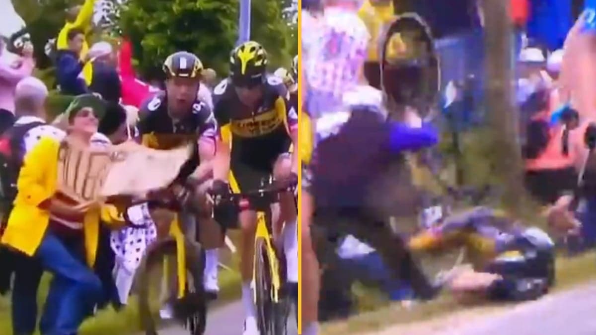 Fan brings down half of Tour De France racers with cardboard sign