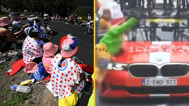 Risk-taking spectator knocked down by team car in Tour de France