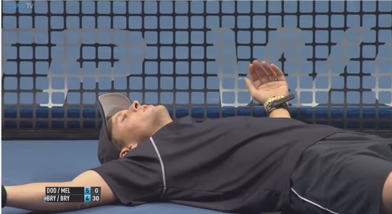 Video: Tennis player nearly KO’s doubles partner with wayward serve Video: Tennis player nearly KO’s doubles partner with wayward serve