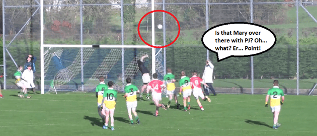 Blue murder on the sidelines as umpire awards point for clear wide Blue murder on the sidelines as umpire awards point for clear wide