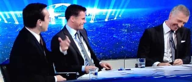 Video: Carragher and Souness in fits of schoolboy giggles after Neville blooper Video: Carragher and Souness in fits of schoolboy giggles after Neville blooper