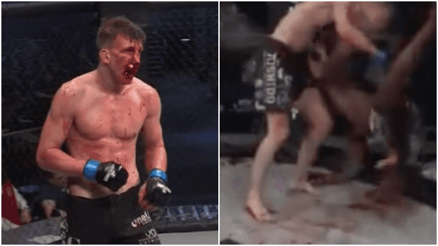 Shattered nose causes fighters to slip on blood in gruesome title fight Shattered nose causes fighters to slip on blood in gruesome title fight