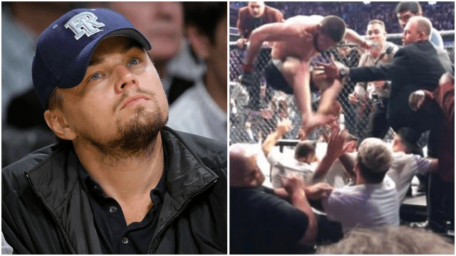 Khabib Nurmagomedov almost landed on Leonardo DiCaprio with UFC 229 leap Khabib Nurmagomedov almost landed on Leonardo DiCaprio with UFC 229 leap