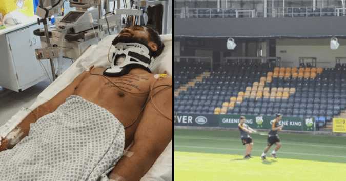 Eight months after breaking his neck, Michael Fatialofa is back sprinting in training Eight months after breaking his neck, Michael Fatialofa is back sprinting in training