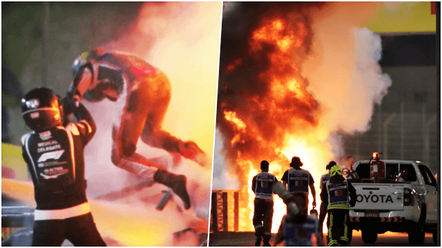 Horrific F1 crash sees driver emerge unscathed with car engulfed in flames Horrific F1 crash sees driver emerge unscathed with car engulfed in flames
