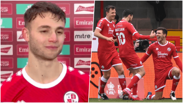 Crawley Town player breaks down in tears after FA Cup win over Leeds Crawley Town player breaks down in tears after FA Cup win over Leeds