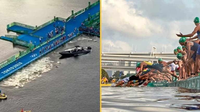 Speed boat causes crazy false start at Olympic triathlon Speed boat causes crazy false start at Olympic triathlon