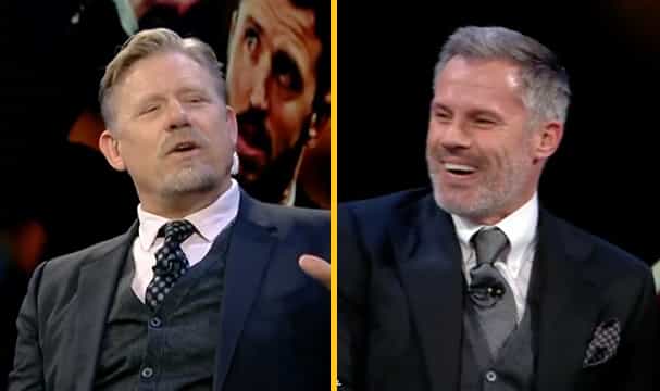 Jamie Carragher rattles Peter Schmeichel with cutting remark before Schmeichel strikes back Jamie Carragher rattles Peter Schmeichel with cutting remark before Schmeichel strikes back
