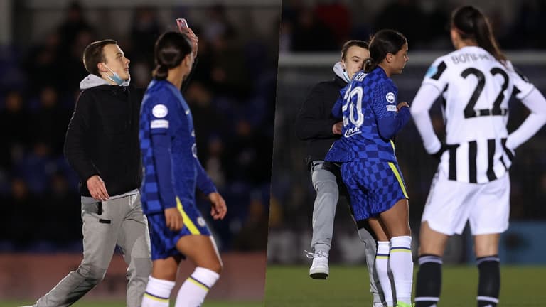 Chelsea player drops pitch invader with shoulder charge during Juventus match Chelsea player drops pitch invader with shoulder charge during Juventus match