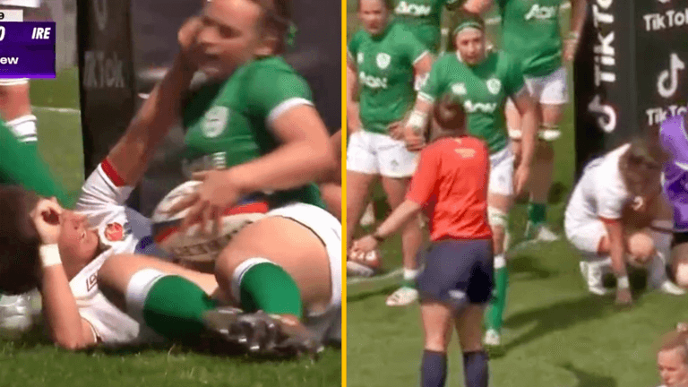 England scrumhalf gets away with clear strike on Ireland’s Michelle Claffey England scrumhalf gets away with clear strike on Ireland’s Michelle Claffey