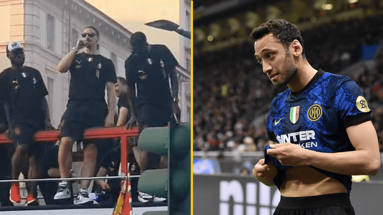 Zlatan Ibrahimovic trolls Hakan Calhanoglu during Milan title celebrations Zlatan Ibrahimovic trolls Hakan Calhanoglu during Milan title celebrations