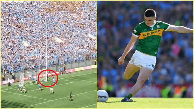 Evan Comerford shakes the post in an attempt to put Sean O’Shea off Evan Comerford shakes the post in an attempt to put Sean O’Shea off
