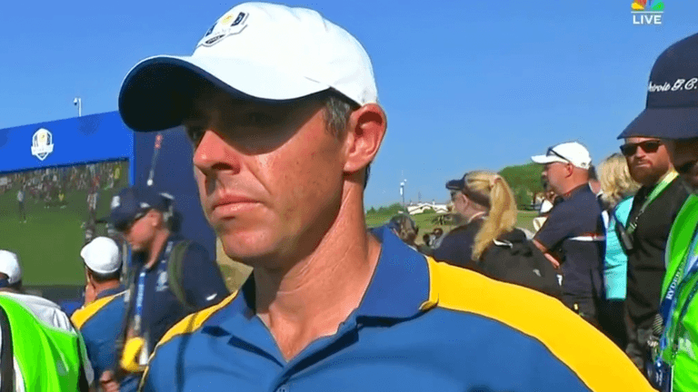 Rory McIlroy chokes up in emotional interview after singles win Rory McIlroy chokes up in emotional interview after singles win