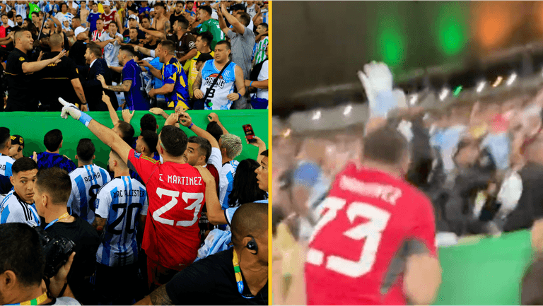 Emi Martinez launches himself at policeman during mass brawl at Brazil vs Argentina Emi Martinez launches himself at policeman during mass brawl at Brazil vs Argentina
