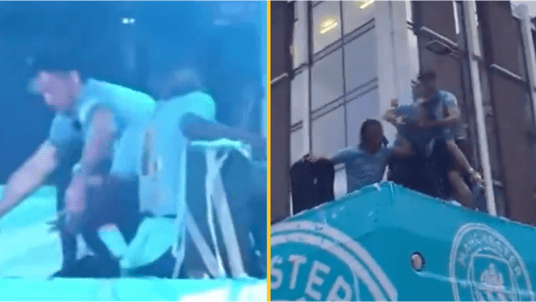 Jack Grealish almost falls off bus twice during Man City trophy parade Jack Grealish almost falls off bus twice during Man City trophy parade