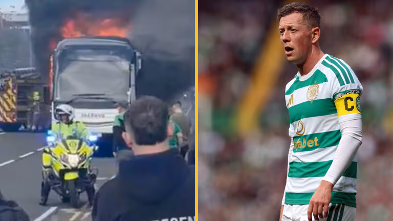 Scary scenes as fans evacuated from burning bus after Celtic v Rangers Scary scenes as fans evacuated from burning bus after Celtic v Rangers
