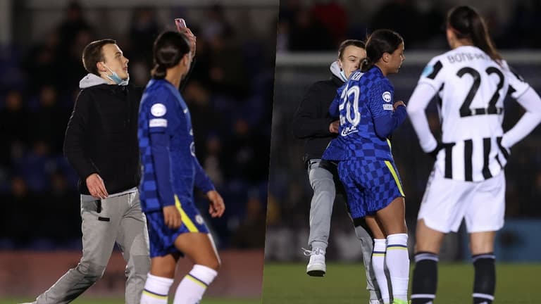 Chelsea player drops pitch invader with shoulder charge during Juventus match Chelsea player drops pitch invader with shoulder charge during Juventus match